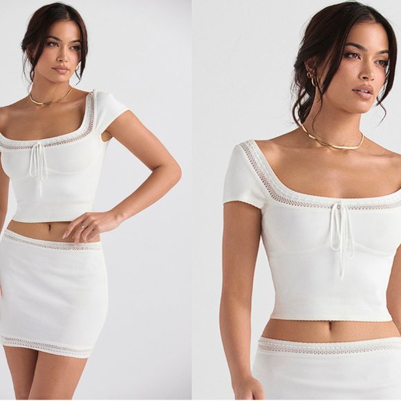 HOUSE OF CB 'Nola' and 'Sarelle' Ivory Dainty Knit Top and Mini Skirt Set - Picture 4 of 15
